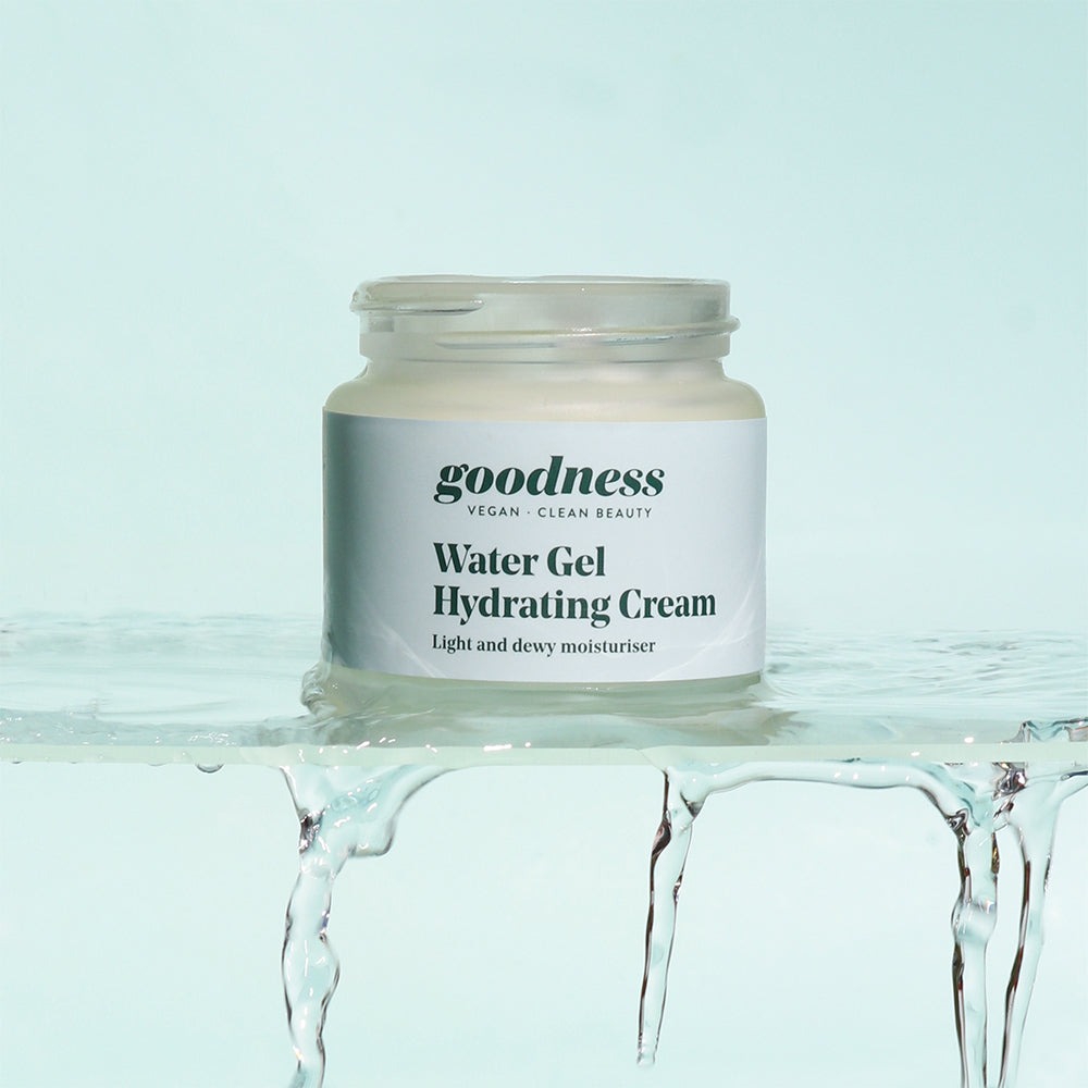 Goodness Vegan Skincare Water Gel Hydrating Cream on shelf with water